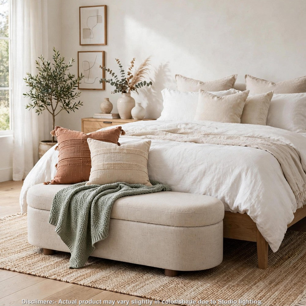 Kaven Upholstered Storage Bench with Wooden Feet, Beige Honey Fabric 55 Inch-BM354772