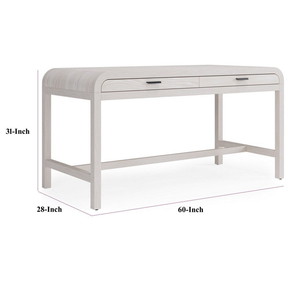 Danny Writing Desk, 2 Drawers, Waterfall Edges, White Solid Wood 60 Inch-BM354785