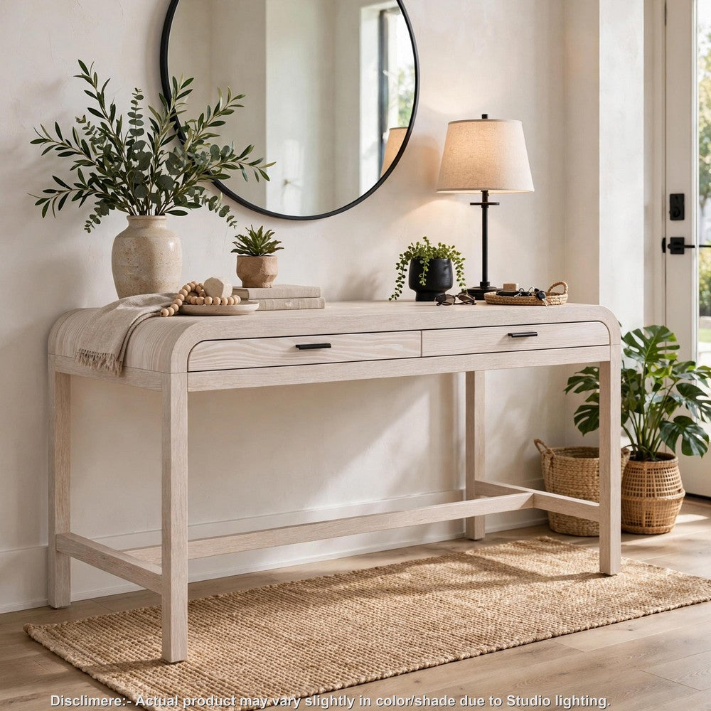 Danny Writing Desk, 2 Drawers, Waterfall Edges, White Solid Wood 60 Inch-BM354785