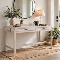 Danny Writing Desk, 2 Drawers, Waterfall Edges, White Solid Wood 60 Inch-BM354785