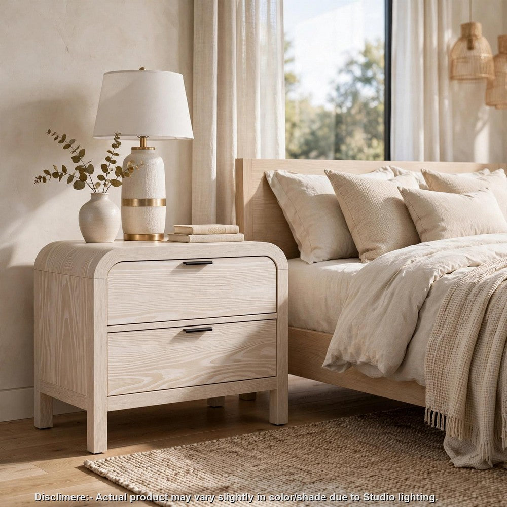 Danny Nightstand with 2 Drawers and USB Ports, Off-White Meranti Wood-BM354790