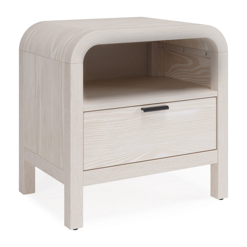 Danny Nightstand, 1 Drawer and Shelf, USB Ports, White Meranti Wood-BM354791