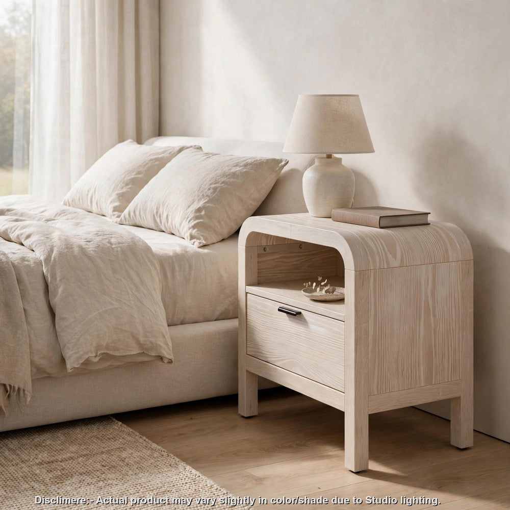Danny Nightstand, 1 Drawer and Shelf, USB Ports, White Meranti Wood-BM354791