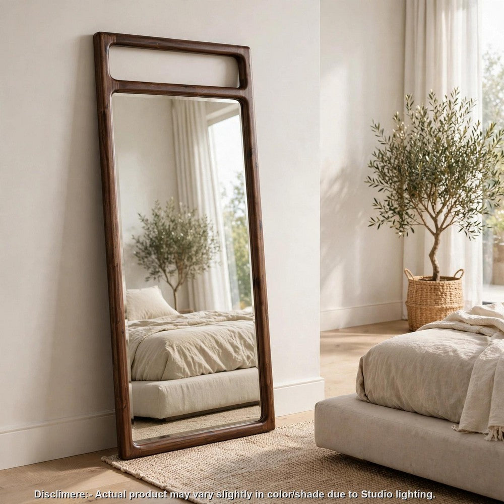 Sally Floor Mirror with Beveled Glass, Rounded Edge, Brown Acacia Wood 28x66-BM354829