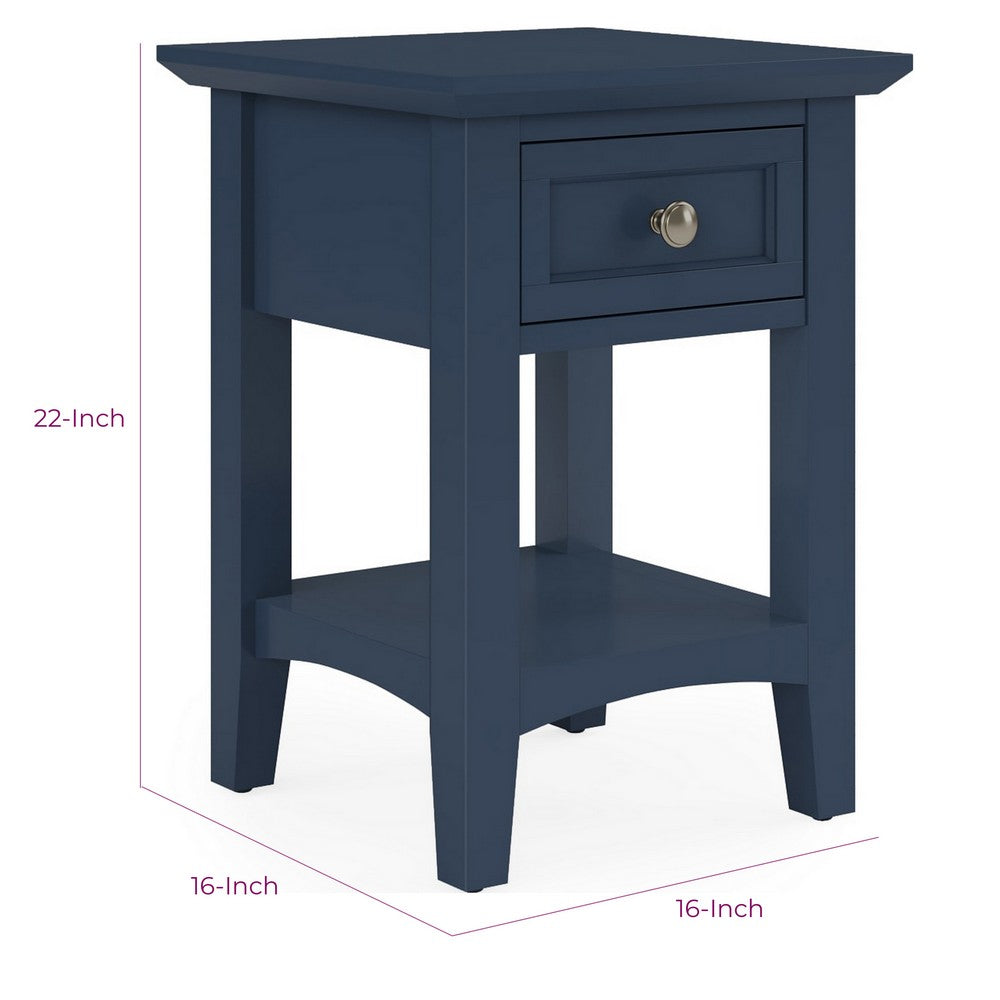 Gemma Square Drink Table, Drawer and Lower Shelf, Blue Mahogany Wood 22 Inch-BM354845