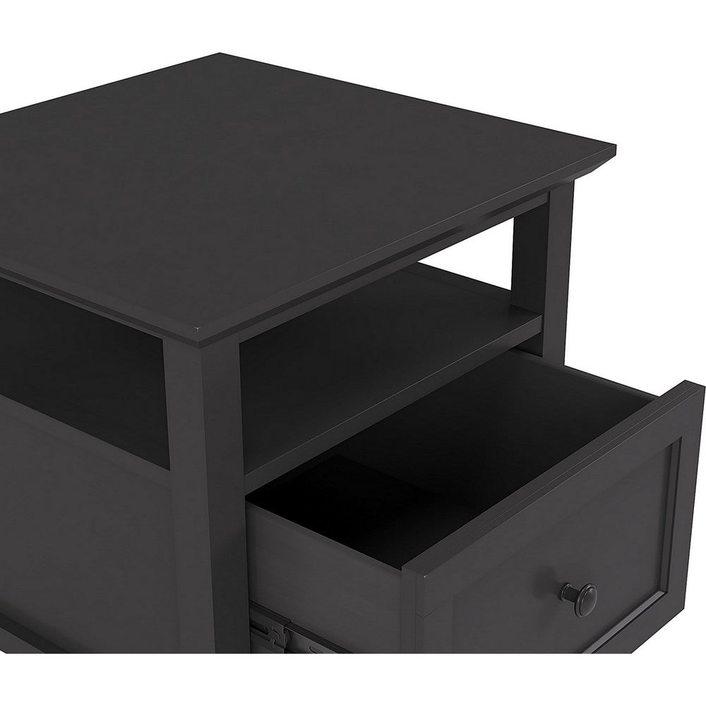 Gemma Square End Table with Drawer and Open Shelf, Black Mahogany Wood 24 Inch-BM354860