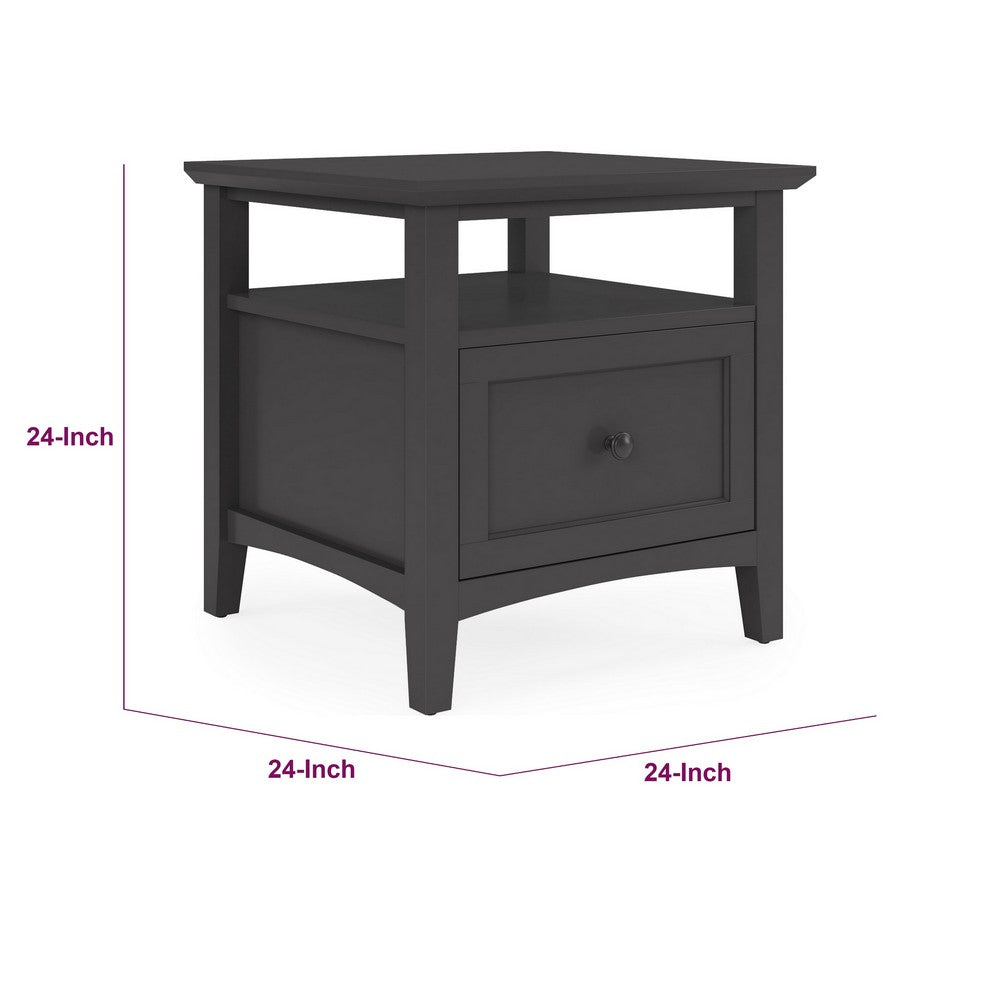 Gemma Square End Table with Drawer and Open Shelf, Black Mahogany Wood 24 Inch-BM354860