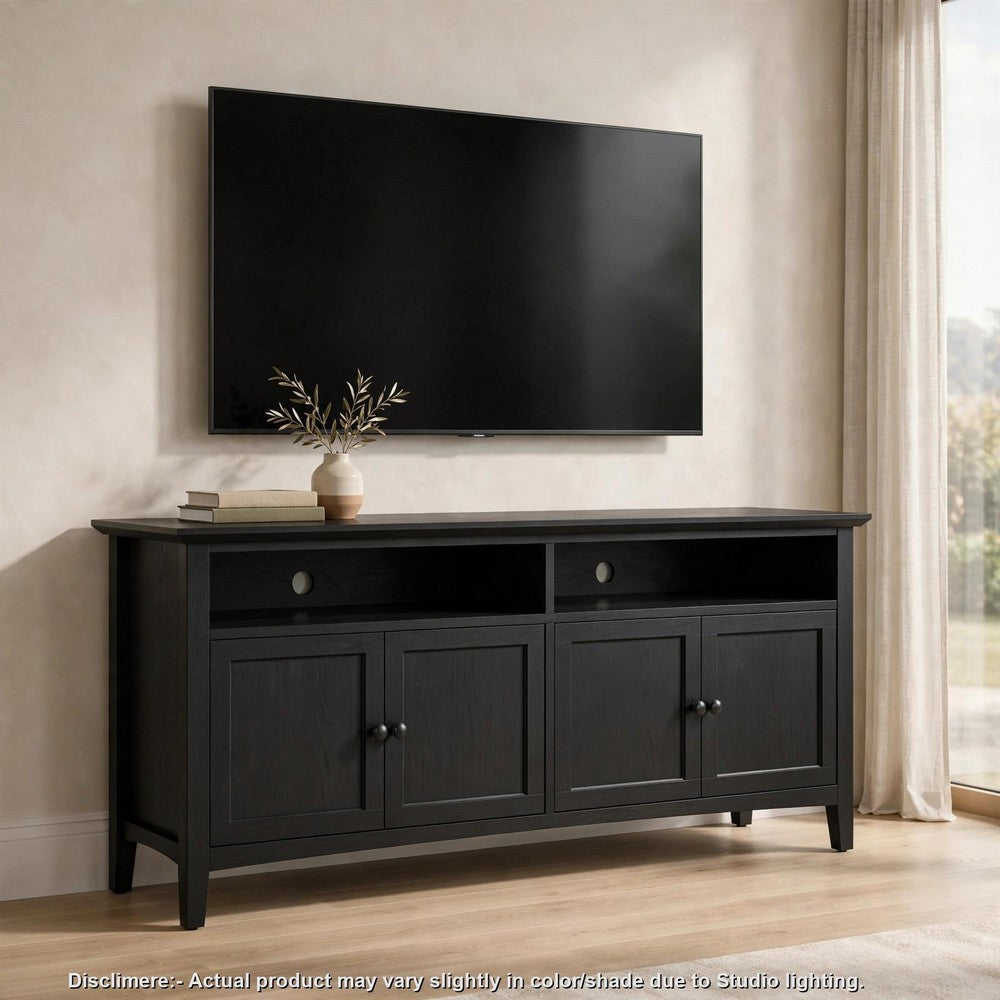 Gemma TV Stand Entertainment Console with 4 Doors, Black Wood 64 Inch-BM354863