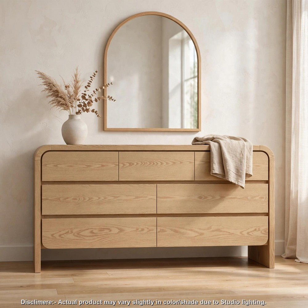 Enola Wide Dresser with 7 Drawers, Rounded Frame, Brown Wood-BM354872