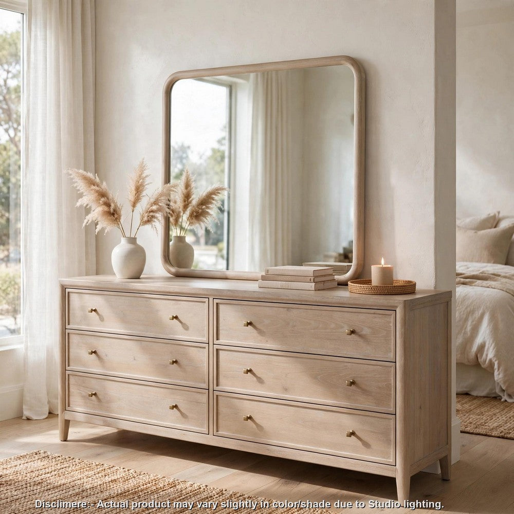 Kaili Rounded Rectangle Wall or Dresser Mirror, Glass, Chai Brown Wood 38x44-BM354887