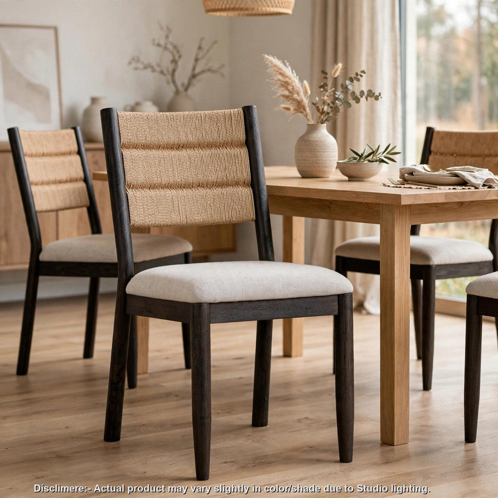 Rocky Dining Chair with Linen Seat, Danish Cord Back, Yin Black Wood-BM354893
