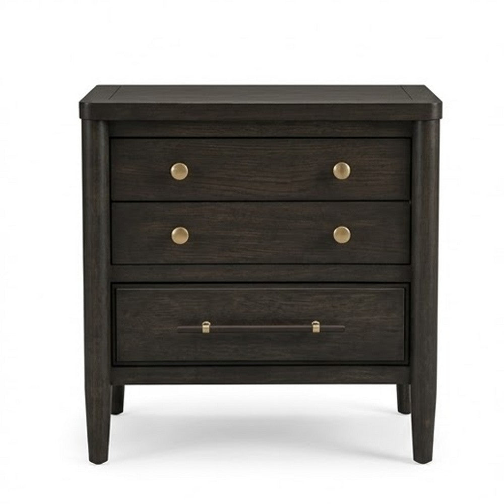 Rocky Nightstand with Cord Management, 3 Drawers, Yin Black Oak-Rubberwood - BM354894