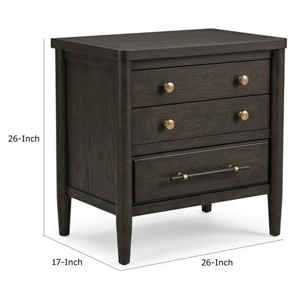 Rocky Nightstand with Cord Management, 3 Drawers, Yin Black Oak-Rubberwood - BM354894