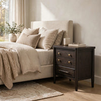 Rocky Nightstand with Cord Management, 3 Drawers, Yin Black Oak-Rubberwood - BM354894