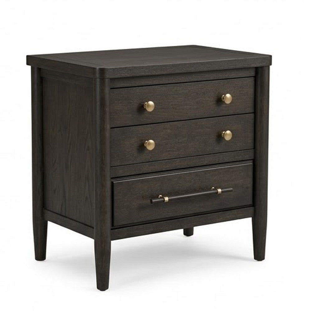 Rocky Nightstand with Cord Management, 3 Drawers, Yin Black Oak-Rubberwood - BM354894