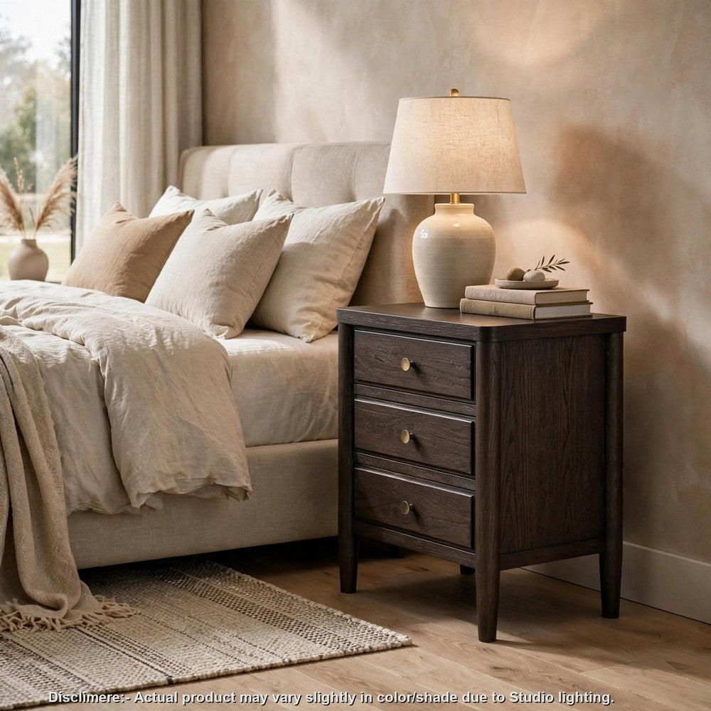 Rocky Nightstand with Cord Management, 3 Drawers, Yin Black Oak-Rubberwood-BM354896
