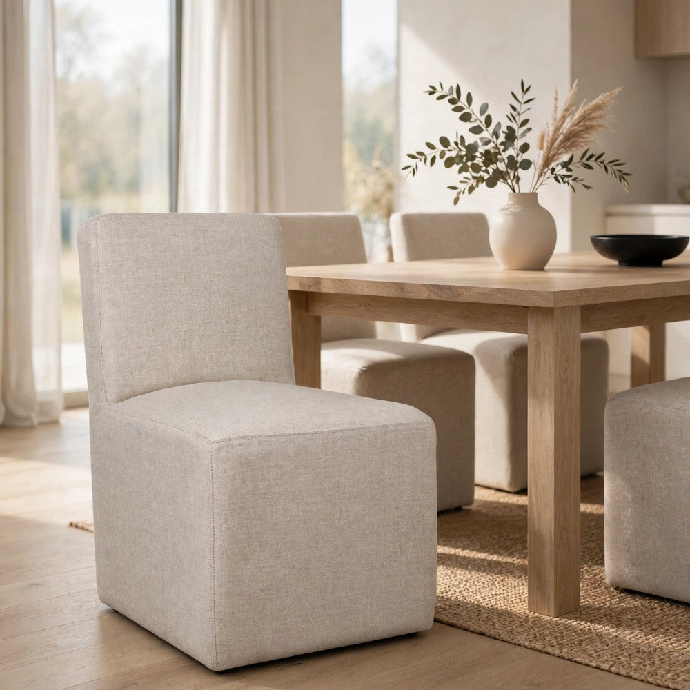 Livvy Dining Chair with Pitched Back, Wood, Natural Linen Fabric-BM354927
