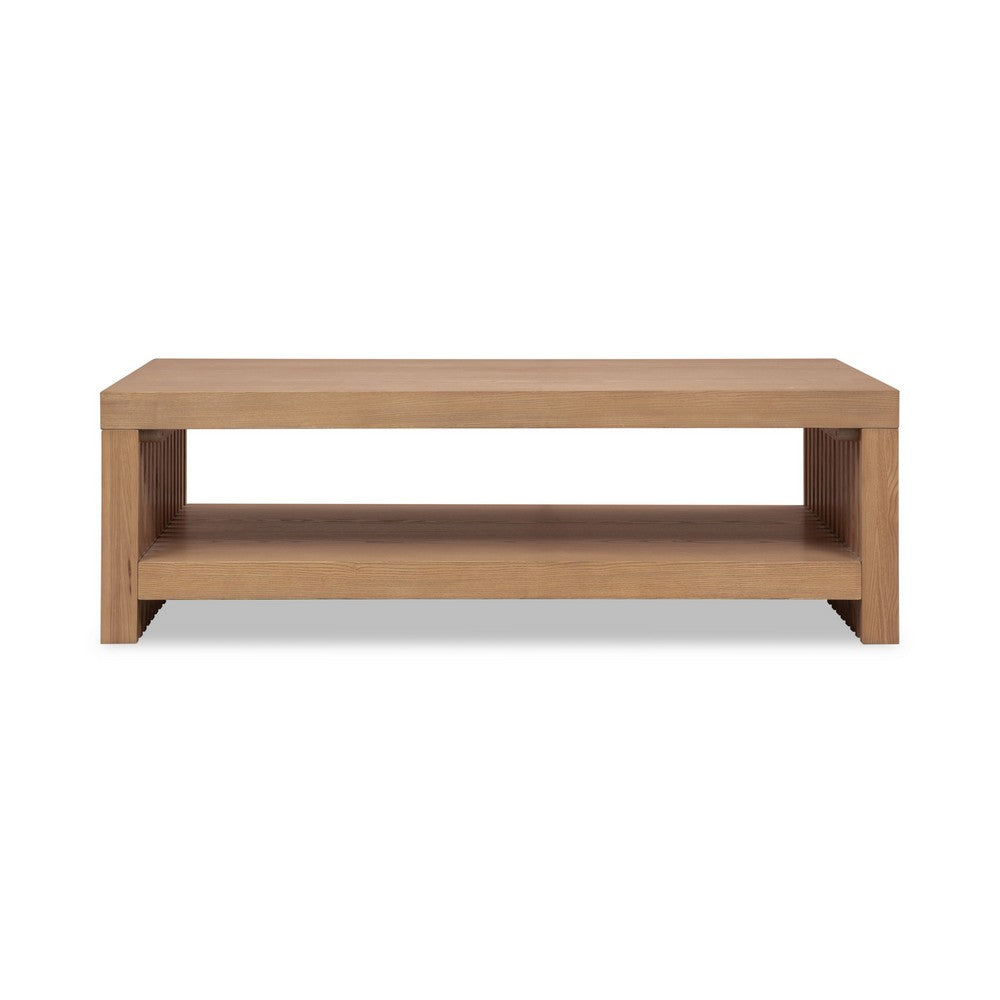 Tammy Coffee Table with Lower Shelf, Slatted Accent, Flaxen Solid Wood 54 Inch-BM354940