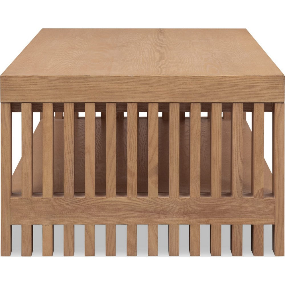 Tammy Coffee Table with Lower Shelf, Slatted Accent, Flaxen Solid Wood 54 Inch-BM354940