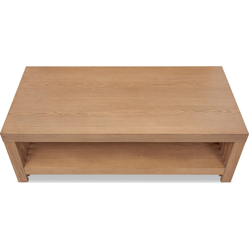 Tammy Coffee Table with Lower Shelf, Slatted Accent, Flaxen Solid Wood 54 Inch-BM354940