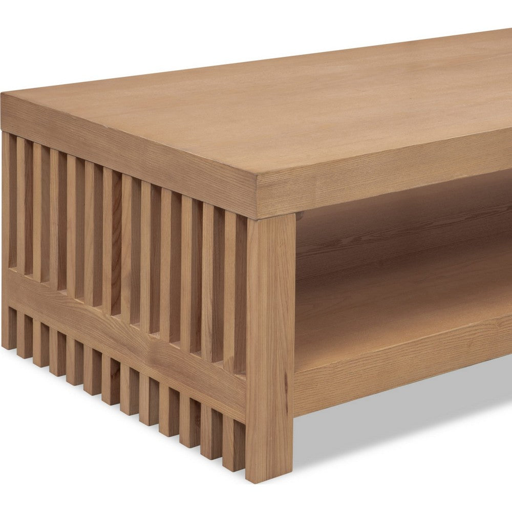 Tammy Coffee Table with Lower Shelf, Slatted Accent, Flaxen Solid Wood 54 Inch-BM354940