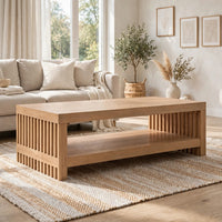 Tammy Coffee Table with Lower Shelf, Slatted Accent, Flaxen Solid Wood 54 Inch-BM354940