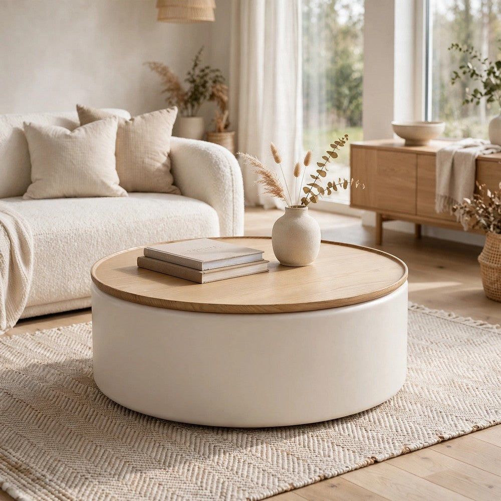Oslo Lift-Top Coffee Table, Storage, Casters in Barley-White Wood 35 Inch Round-BM354955