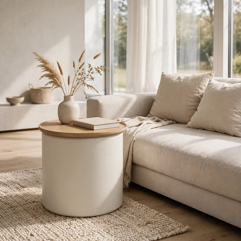 Oslo Lift-Top Round End Table, Hidden Storage, Barley-Off White Wood 19 Inch - BM354956