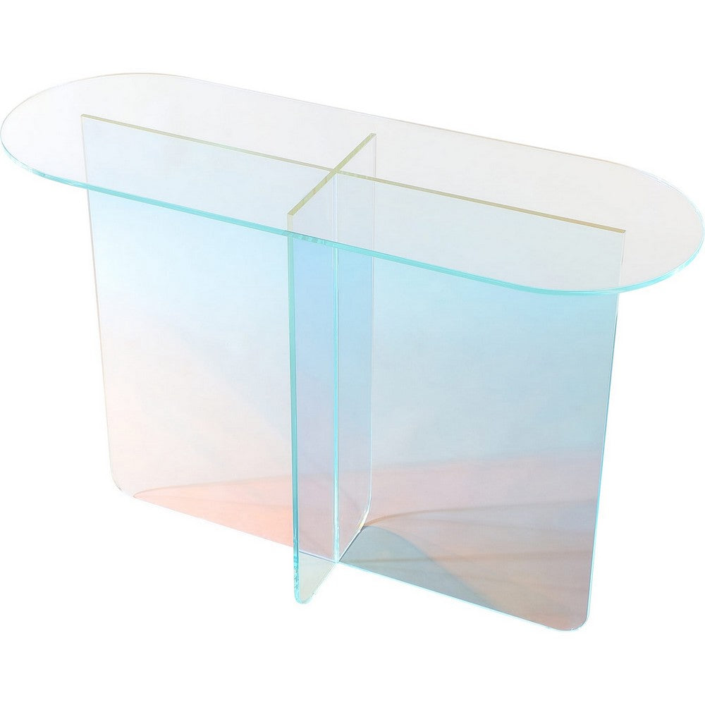Tira Sofa Console Table, X Base, Beveled Iridescent Glass 42 Inch-BM354985