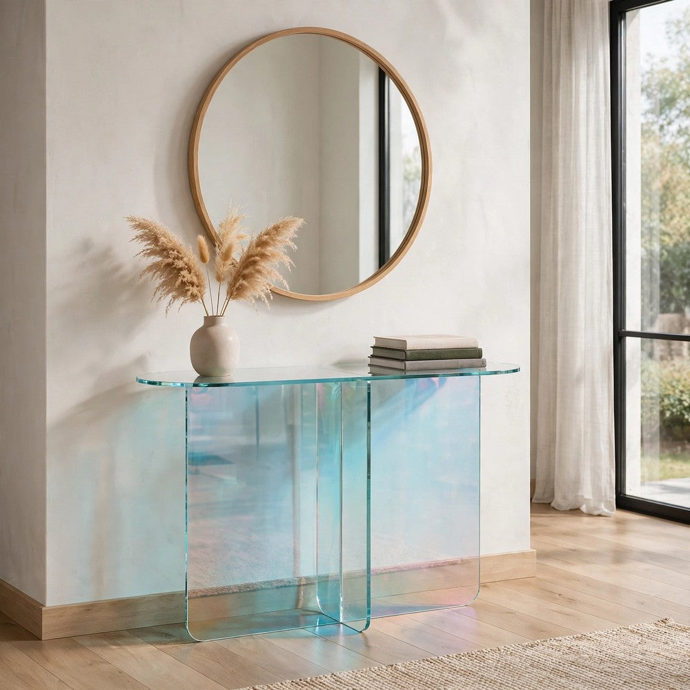 Tira Sofa Console Table, X Base, Beveled Iridescent Glass 42 Inch-BM354985