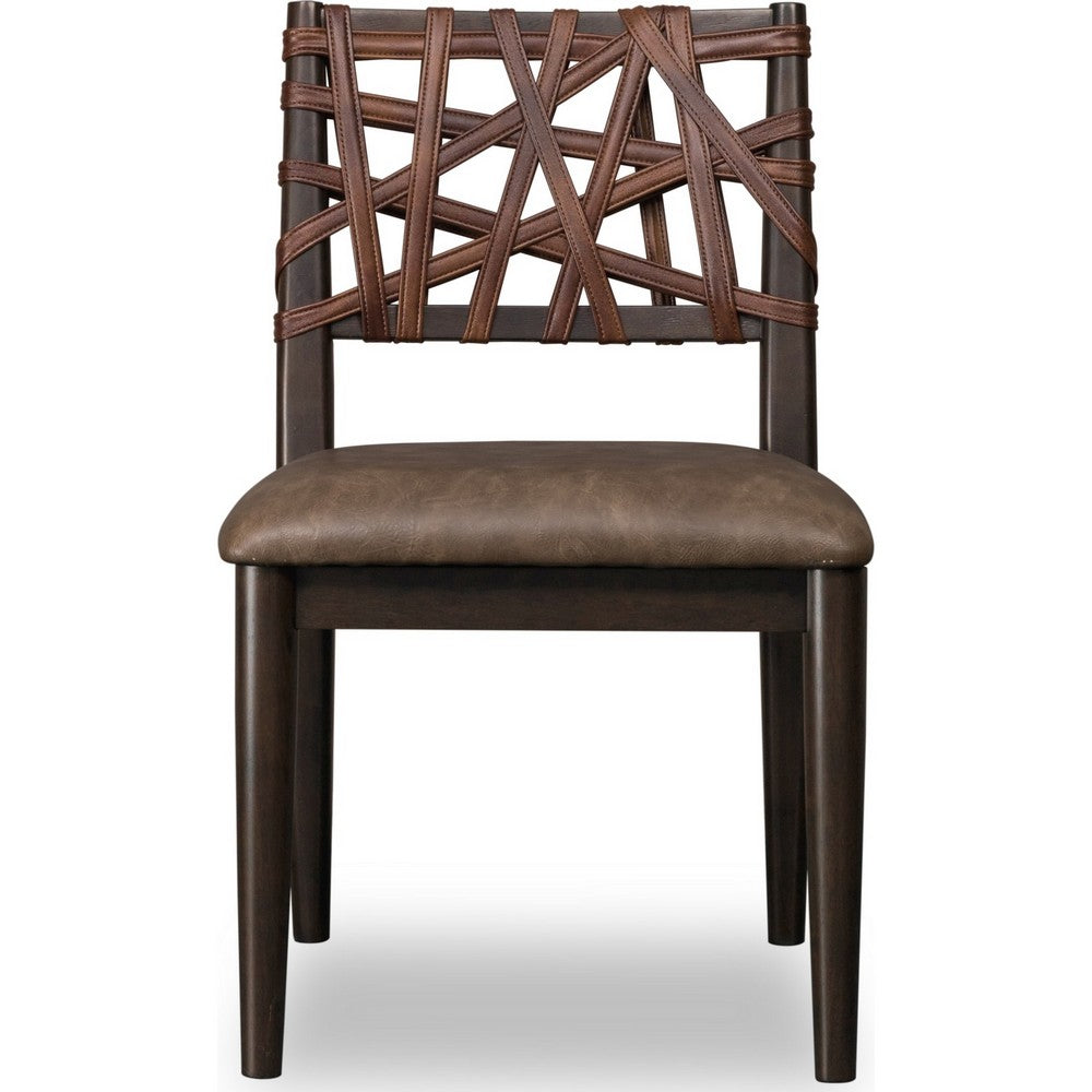 Kevin Dining Chair with Woven Back, Brown Wood, Baboon Faux Leather-BM355021