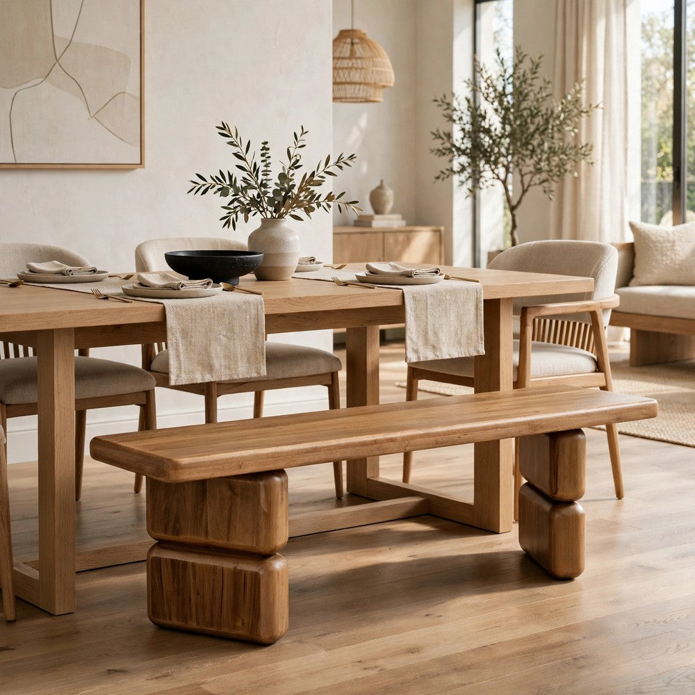 Carly Dining Bench with Block Feet, Lioness Finish Acacia Wood 60 Inch-BM355035