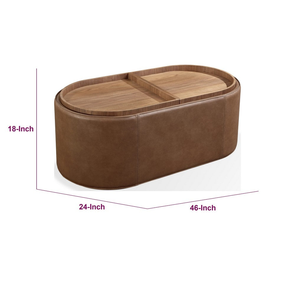 Yena Coffee Table, Reversible Tray Tops, Walnut Wood, Faux Leather 46 Inch-BM355052