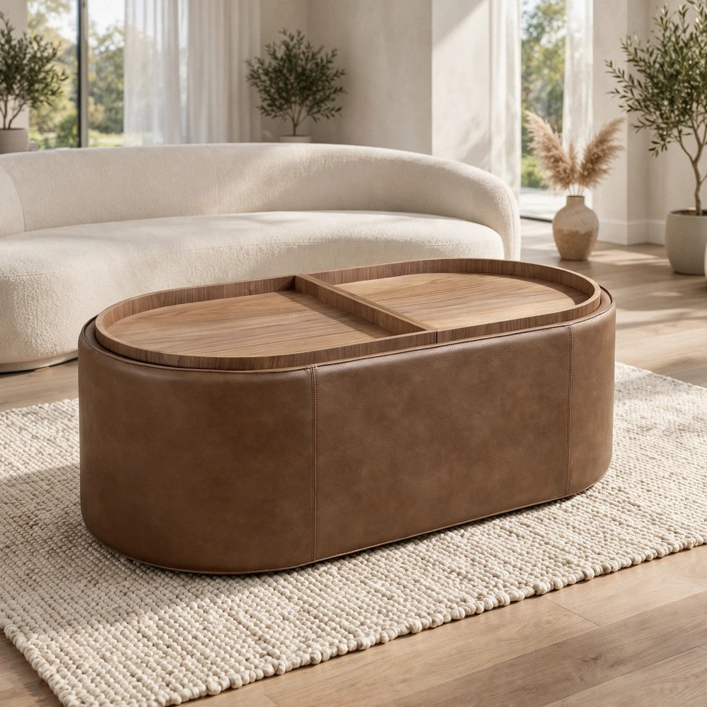 Yena Coffee Table, Reversible Tray Tops, Walnut Wood, Faux Leather 46 Inch-BM355052