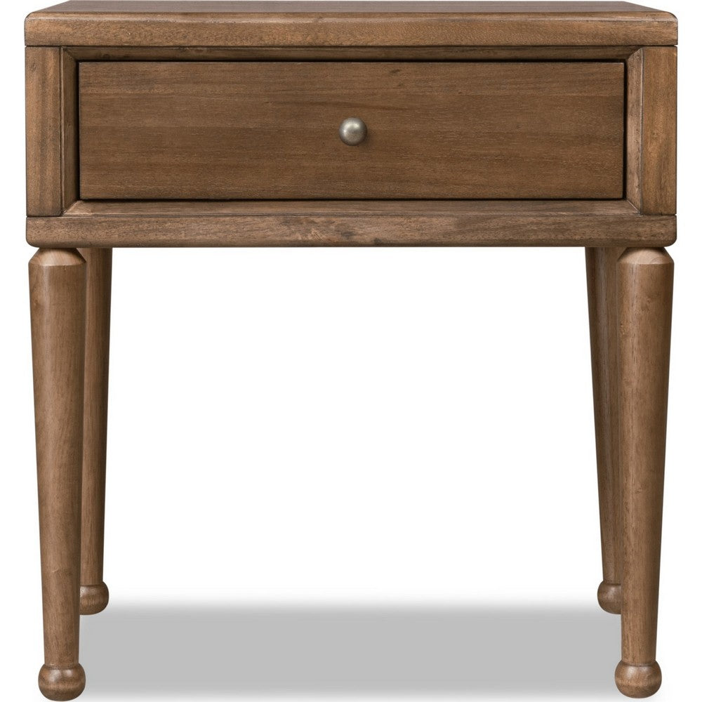 Hoa Bedside Nightstand, 1 Drawer with Bronze Steel Knob, Brown Rubberwood-BM355089