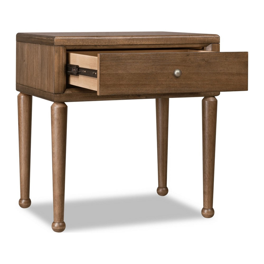 Hoa Bedside Nightstand, 1 Drawer with Bronze Steel Knob, Brown Rubberwood-BM355089