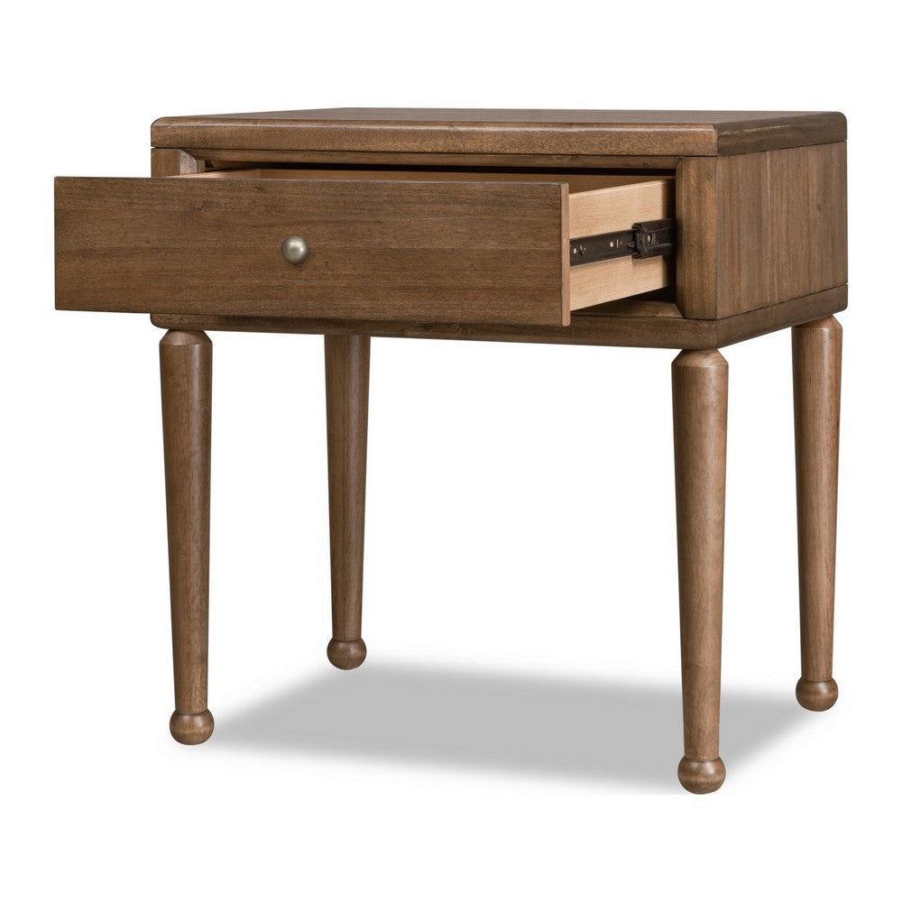 Hoa Bedside Nightstand, 1 Drawer with Bronze Steel Knob, Brown Rubberwood-BM355089
