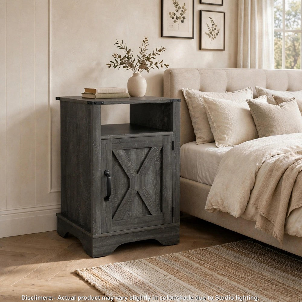 Layla Nightstand, Charging Station, Shelf, and Cabinet, Dark Gray Wood - BM355109