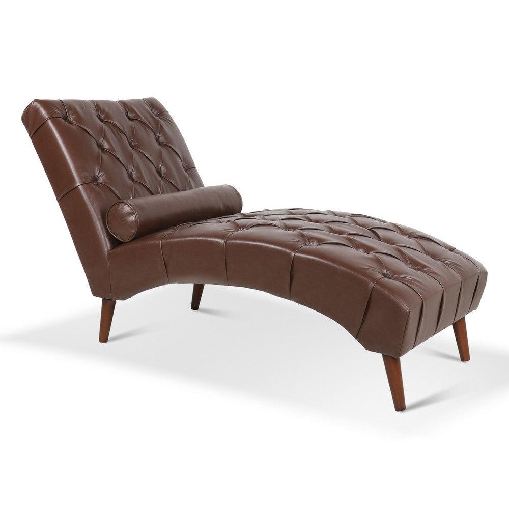 Emery Chaise Lounge with Rolling Pillow, Dark Brown Tufted Faux Leather - BM355113