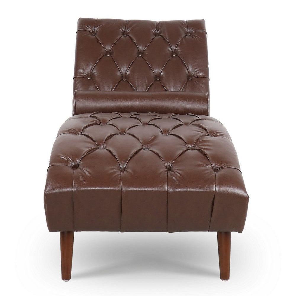 Emery Chaise Lounge with Rolling Pillow, Dark Brown Tufted Faux Leather - BM355113