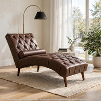 Emery Chaise Lounge with Rolling Pillow, Dark Brown Tufted Faux Leather - BM355113