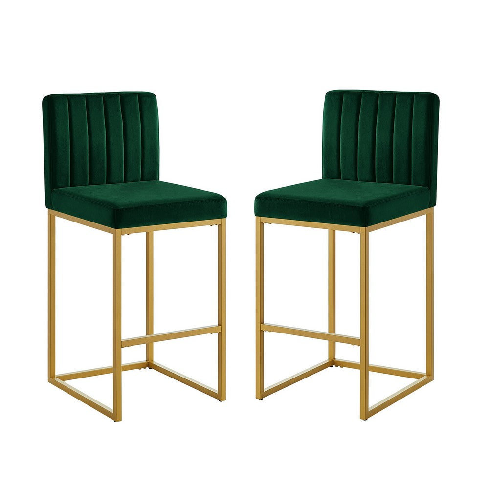 Enola Counter-Height Bar Stool Chair, Set of 2, Gold Metal, Jade Velvet - BM355114