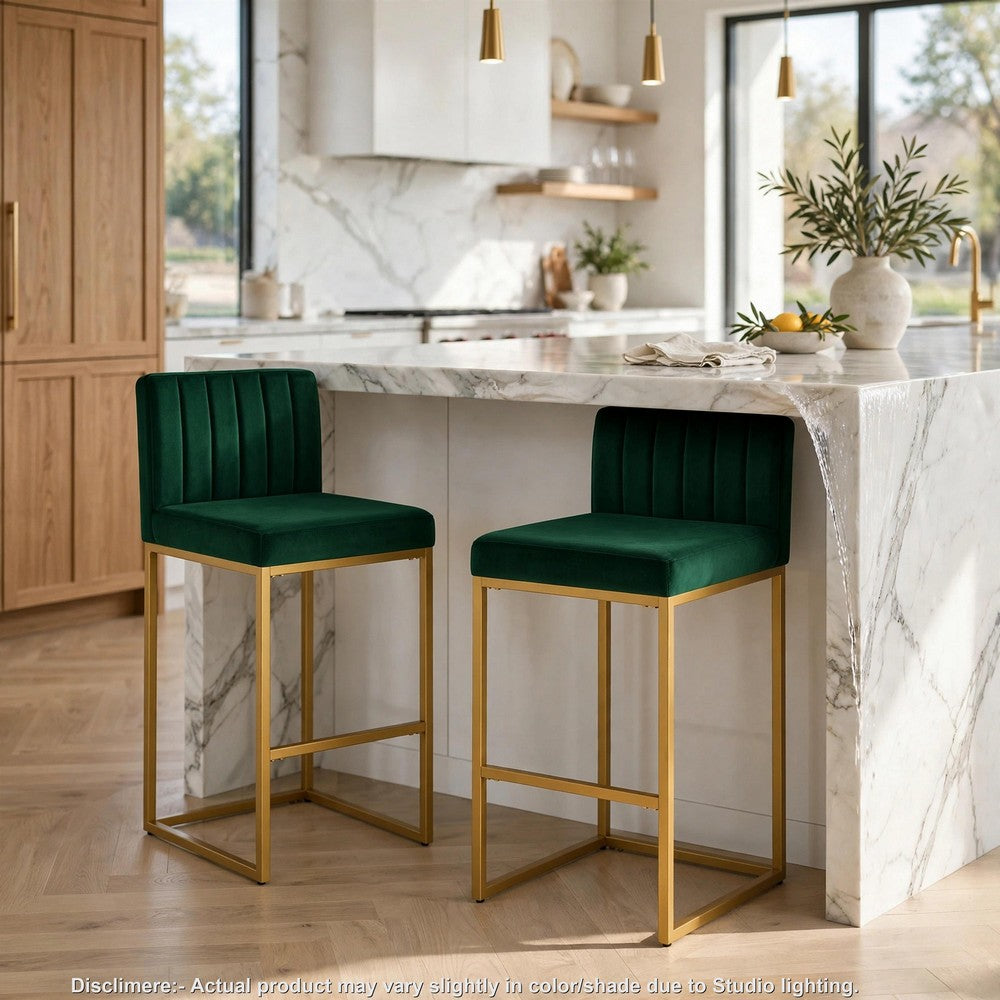 Enola Counter-Height Bar Stool Chair, Set of 2, Gold Metal, Jade Velvet - BM355114