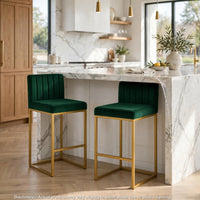 Enola Counter-Height Bar Stool Chair, Set of 2, Gold Metal, Jade Velvet - BM355114