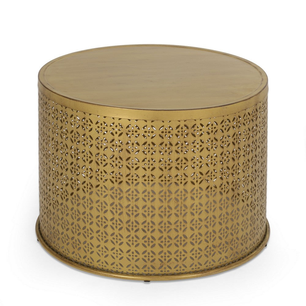 Sammy Round Coffee Table with Cutout Perforated Pattern, Brown Iron 26 Inch - BM355115