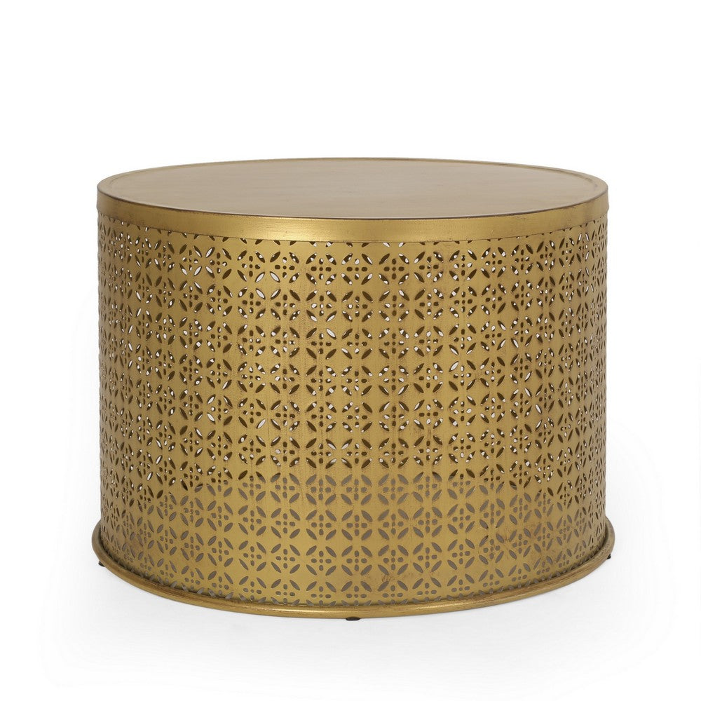 Sammy Round Coffee Table with Cutout Perforated Pattern, Brown Iron 26 Inch - BM355115