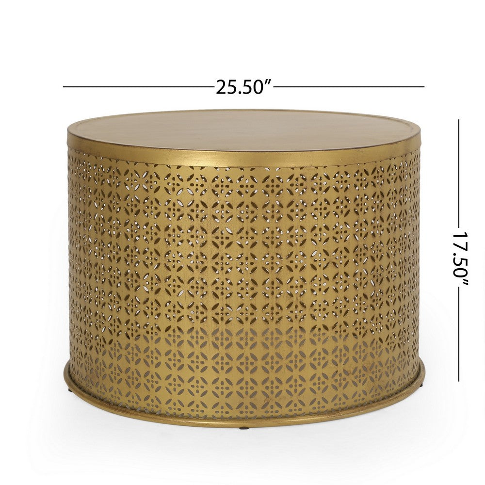Sammy Round Coffee Table with Cutout Perforated Pattern, Brown Iron 26 Inch - BM355115