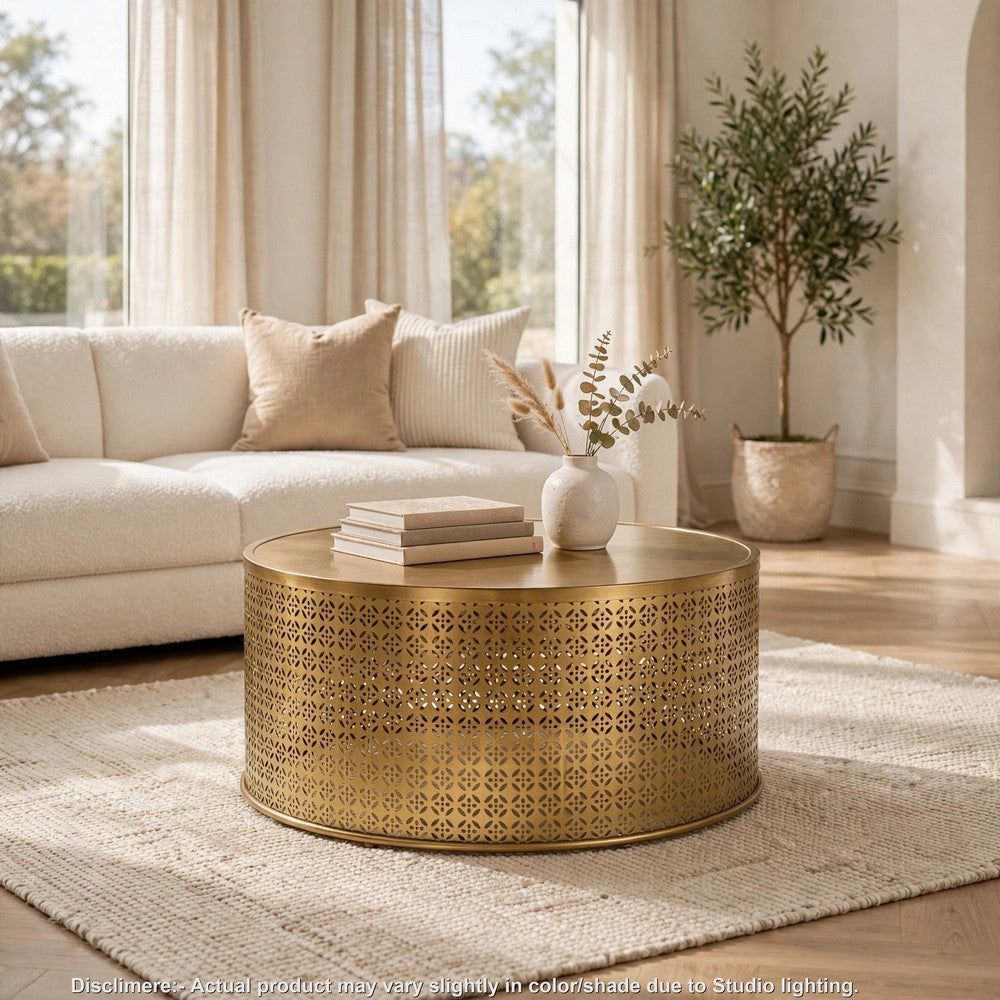 Sammy Round Coffee Table with Cutout Perforated Pattern, Brown Iron 26 Inch - BM355115