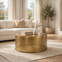Sammy Round Coffee Table with Cutout Perforated Pattern, Brown Iron 26 Inch - BM355115