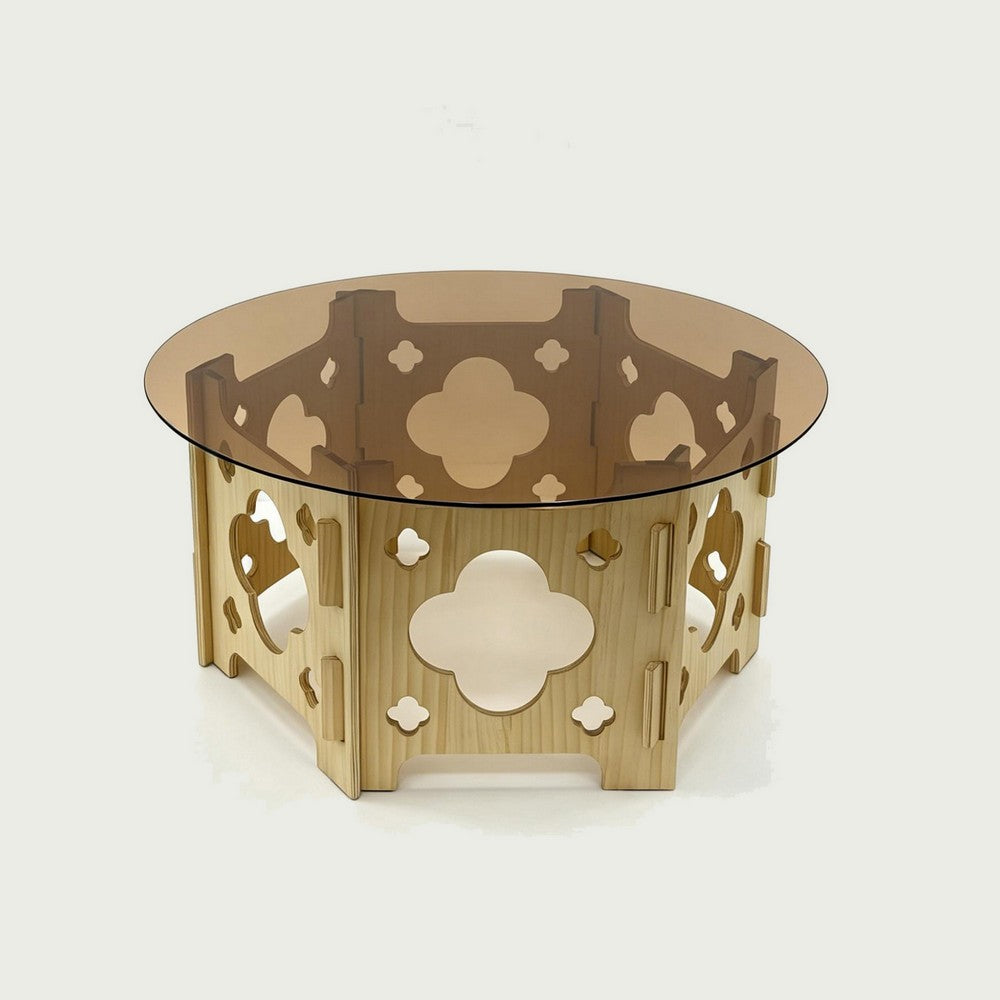 Bekko Round Coffee Table with Glass Top, Carved Natural Wood Base 32 Inch - BM355119